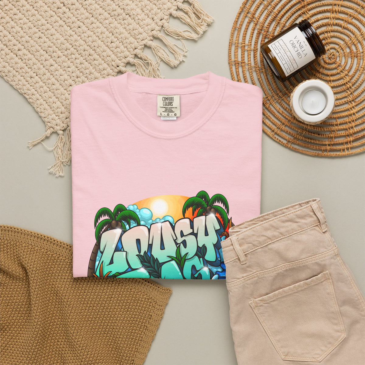 T-Shirt — 'Crash Beach' Surf Graphic Tee (Ocean Waves, Palm Trees, Sunset)