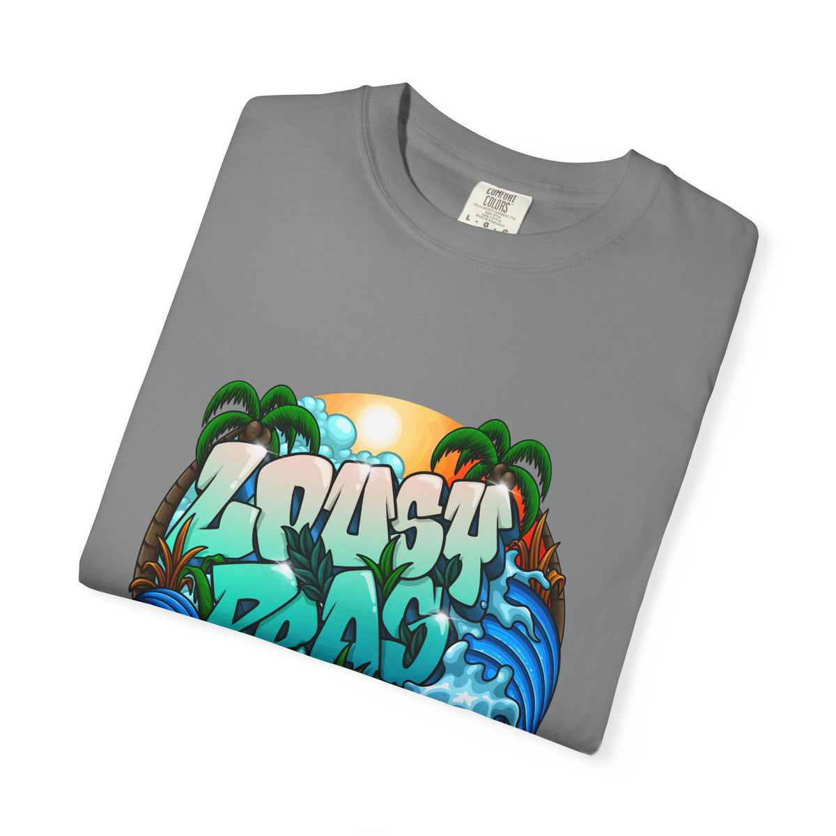 T-Shirt — 'Crash Beach' Surf Graphic Tee (Ocean Waves, Palm Trees, Sunset)