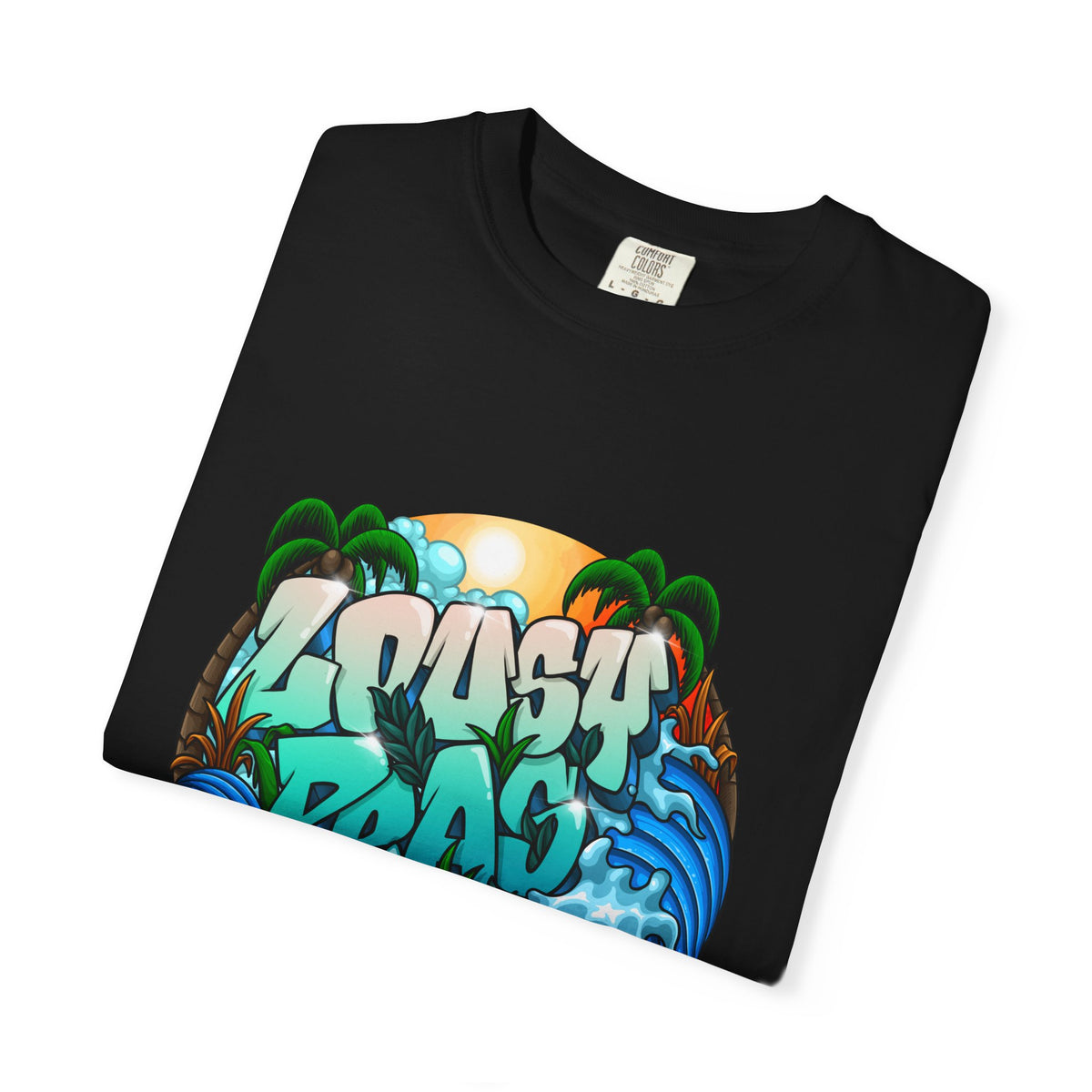 T-Shirt — 'Crash Beach' Surf Graphic Tee (Ocean Waves, Palm Trees, Sunset)