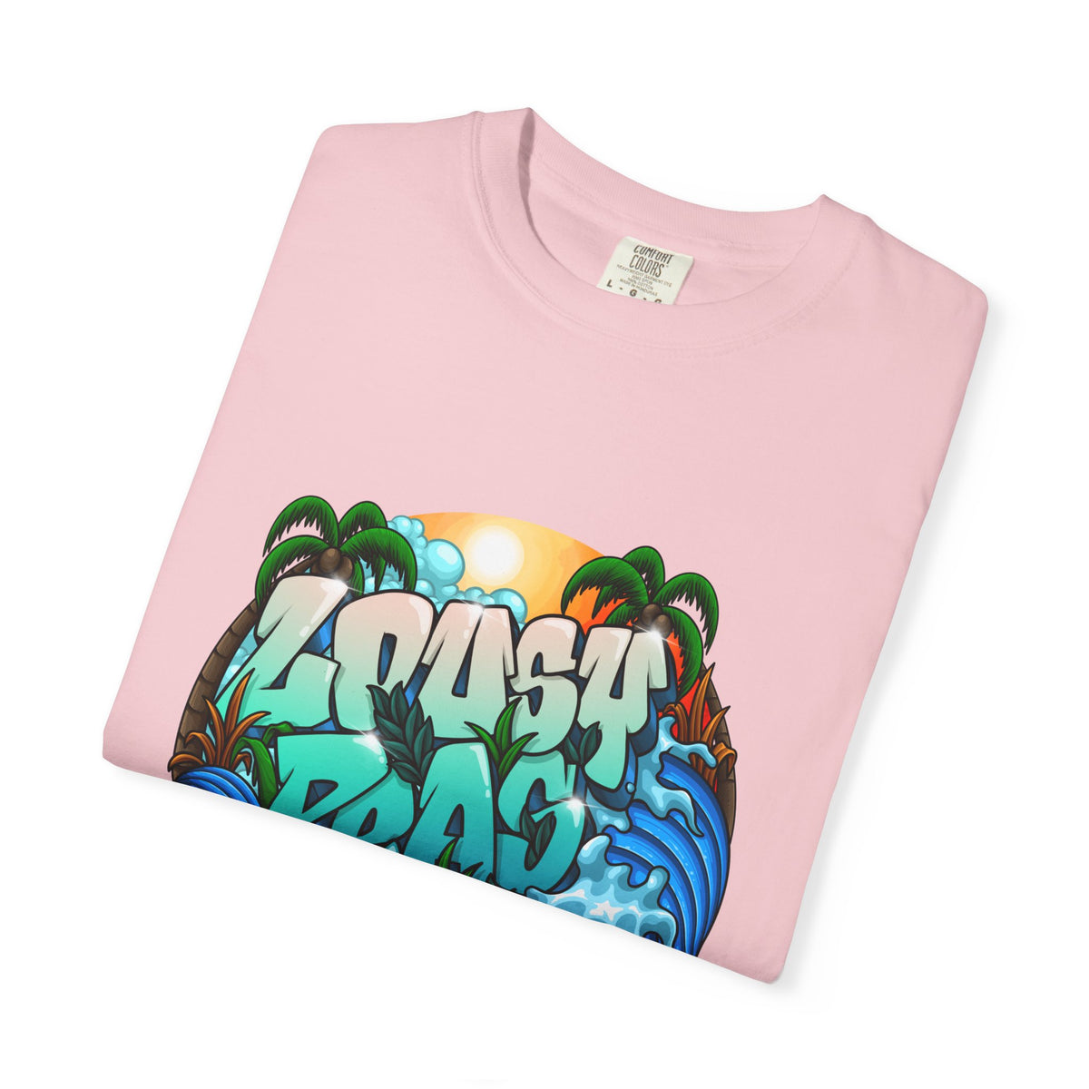 T-Shirt — 'Crash Beach' Surf Graphic Tee (Ocean Waves, Palm Trees, Sunset)