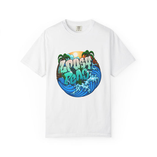 T-Shirt — 'Crash Beach' Surf Graphic Tee (Ocean Waves, Palm Trees, Sunset)