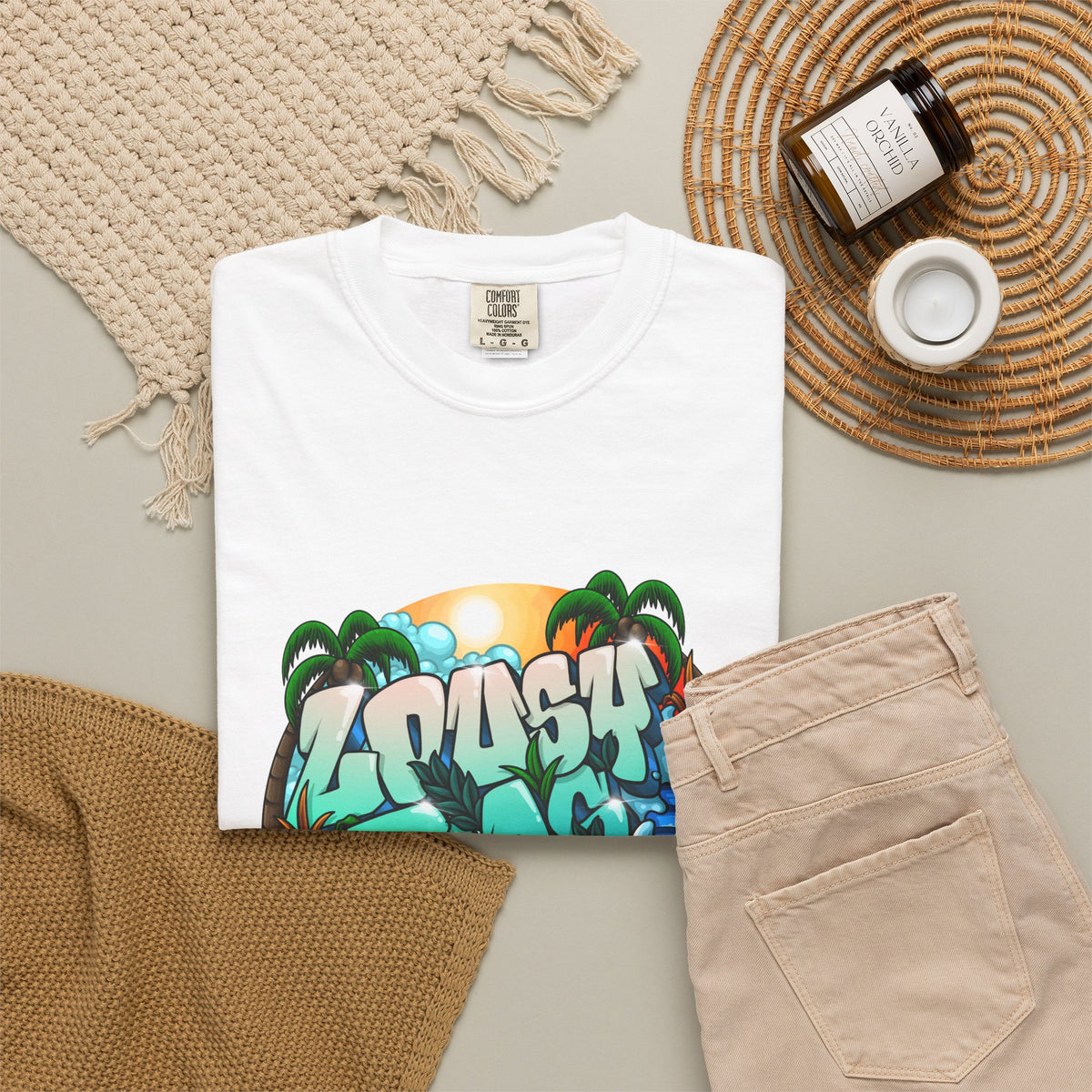 T-Shirt — 'Crash Beach' Surf Graphic Tee (Ocean Waves, Palm Trees, Sunset)
