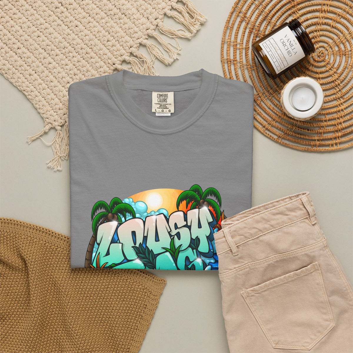 T-Shirt — 'Crash Beach' Surf Graphic Tee (Ocean Waves, Palm Trees, Sunset)