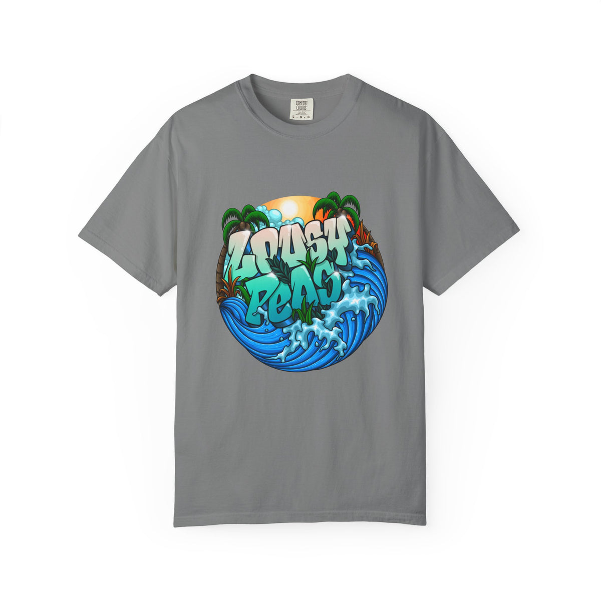 T-Shirt — 'Crash Beach' Surf Graphic Tee (Ocean Waves, Palm Trees, Sunset)