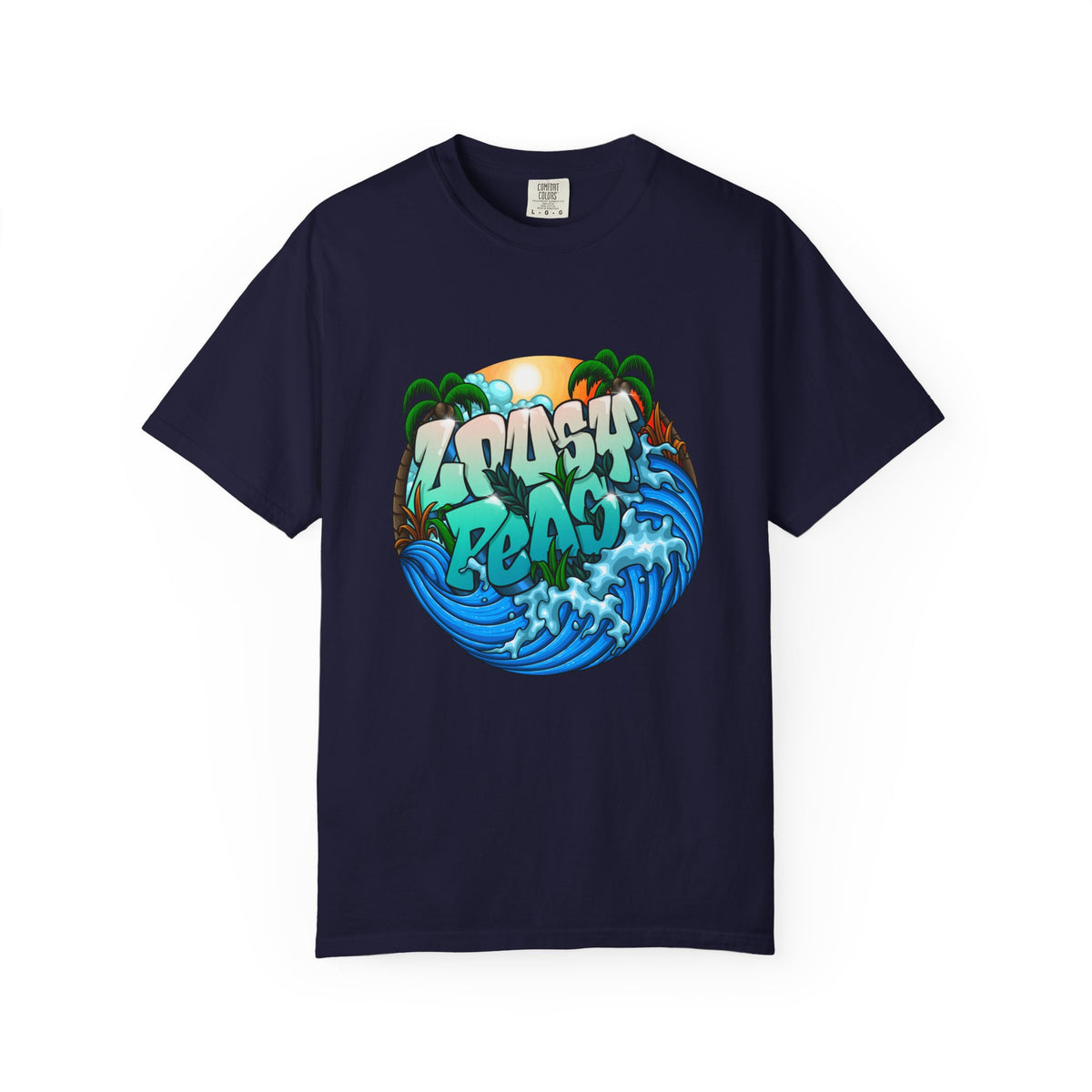 T-Shirt — 'Crash Beach' Surf Graphic Tee (Ocean Waves, Palm Trees, Sunset)