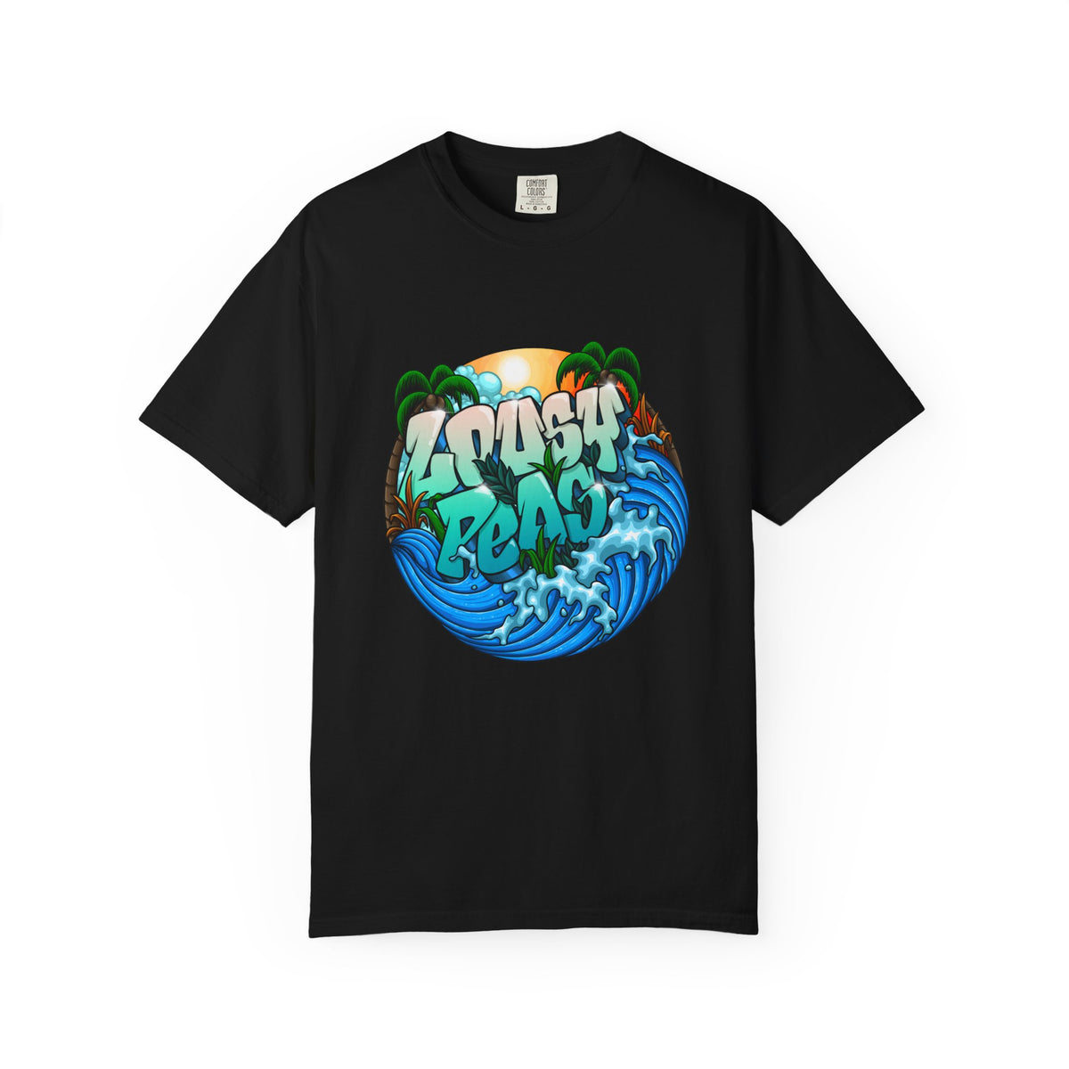 T-Shirt — 'Crash Beach' Surf Graphic Tee (Ocean Waves, Palm Trees, Sunset)