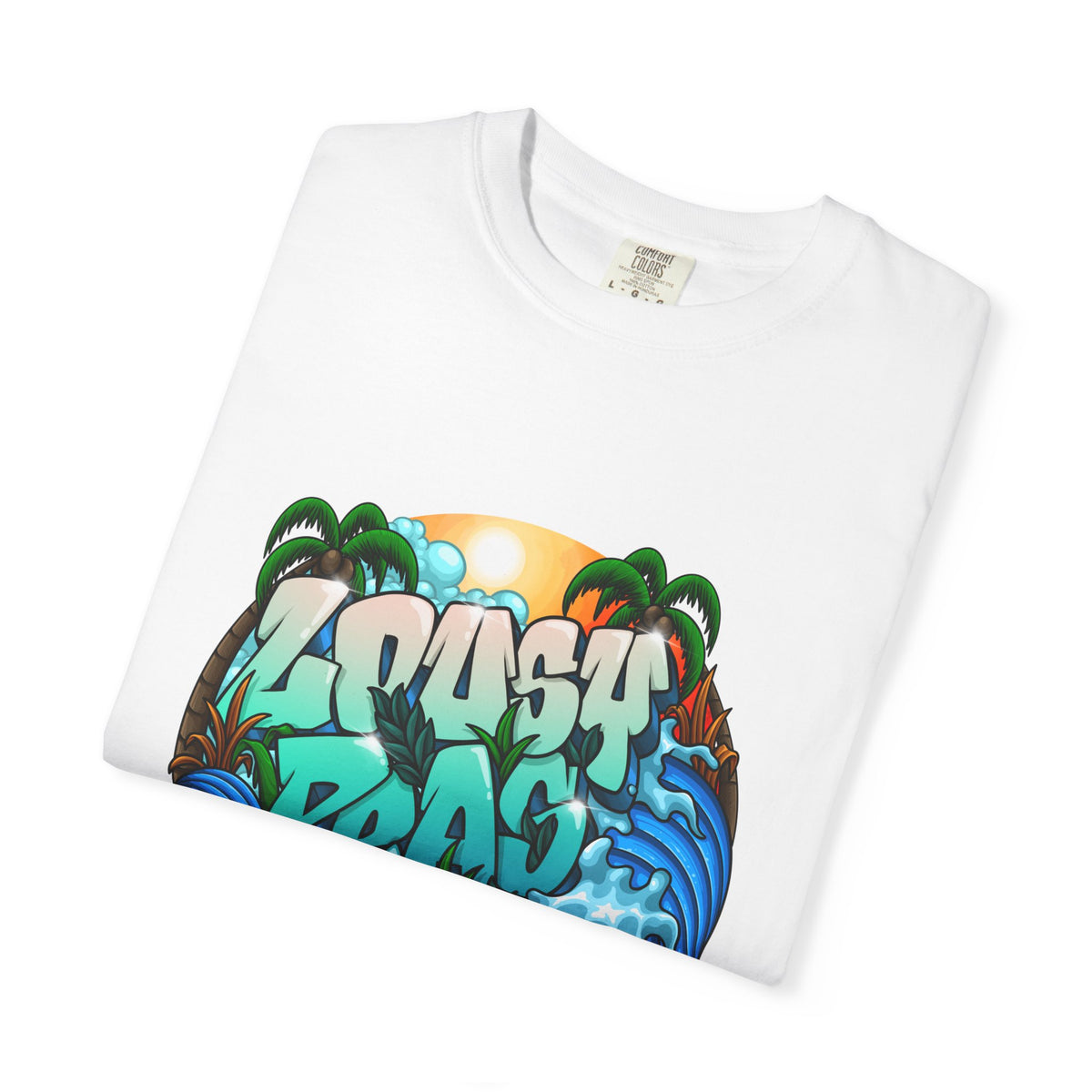 T-Shirt — 'Crash Beach' Surf Graphic Tee (Ocean Waves, Palm Trees, Sunset)