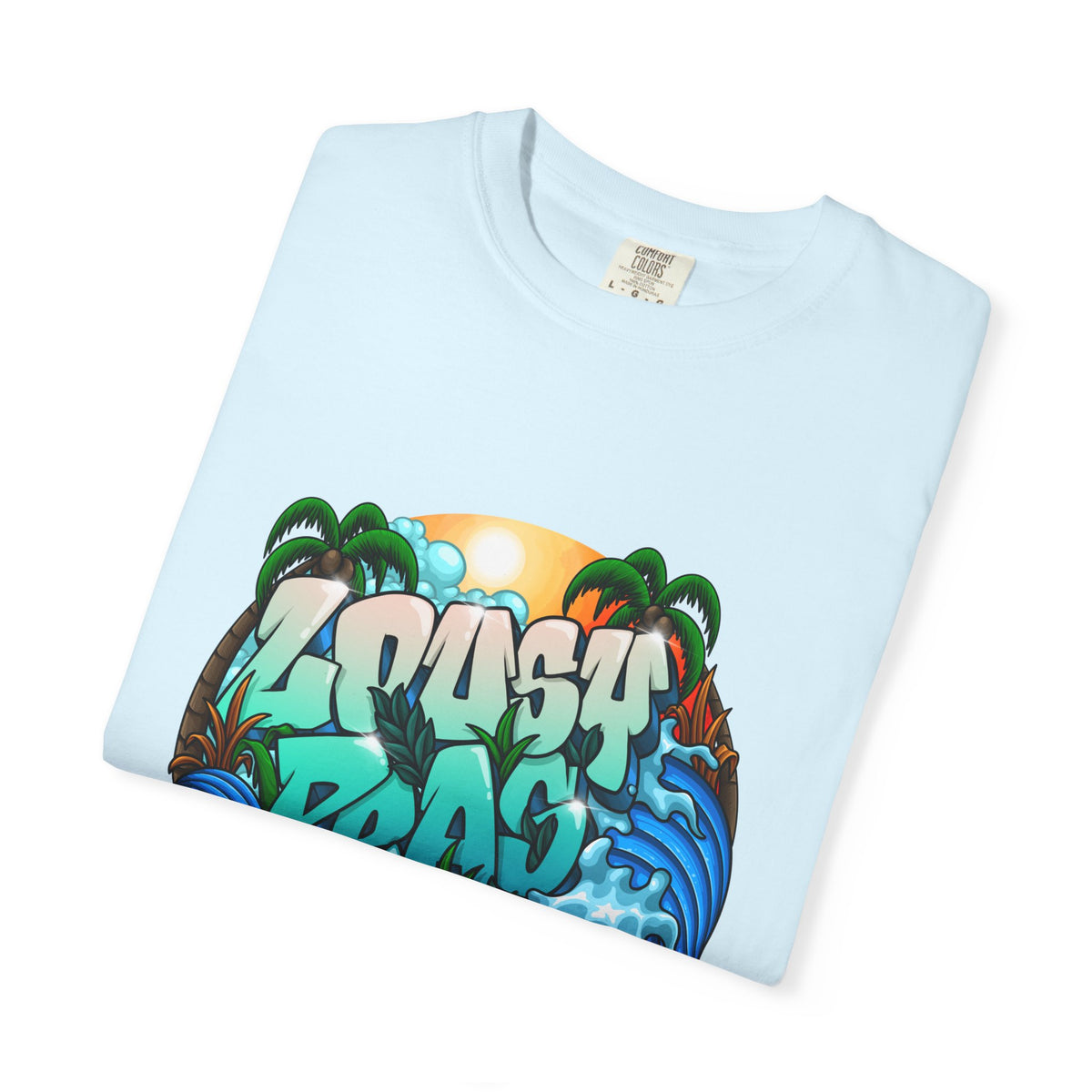 T-Shirt — 'Crash Beach' Surf Graphic Tee (Ocean Waves, Palm Trees, Sunset)