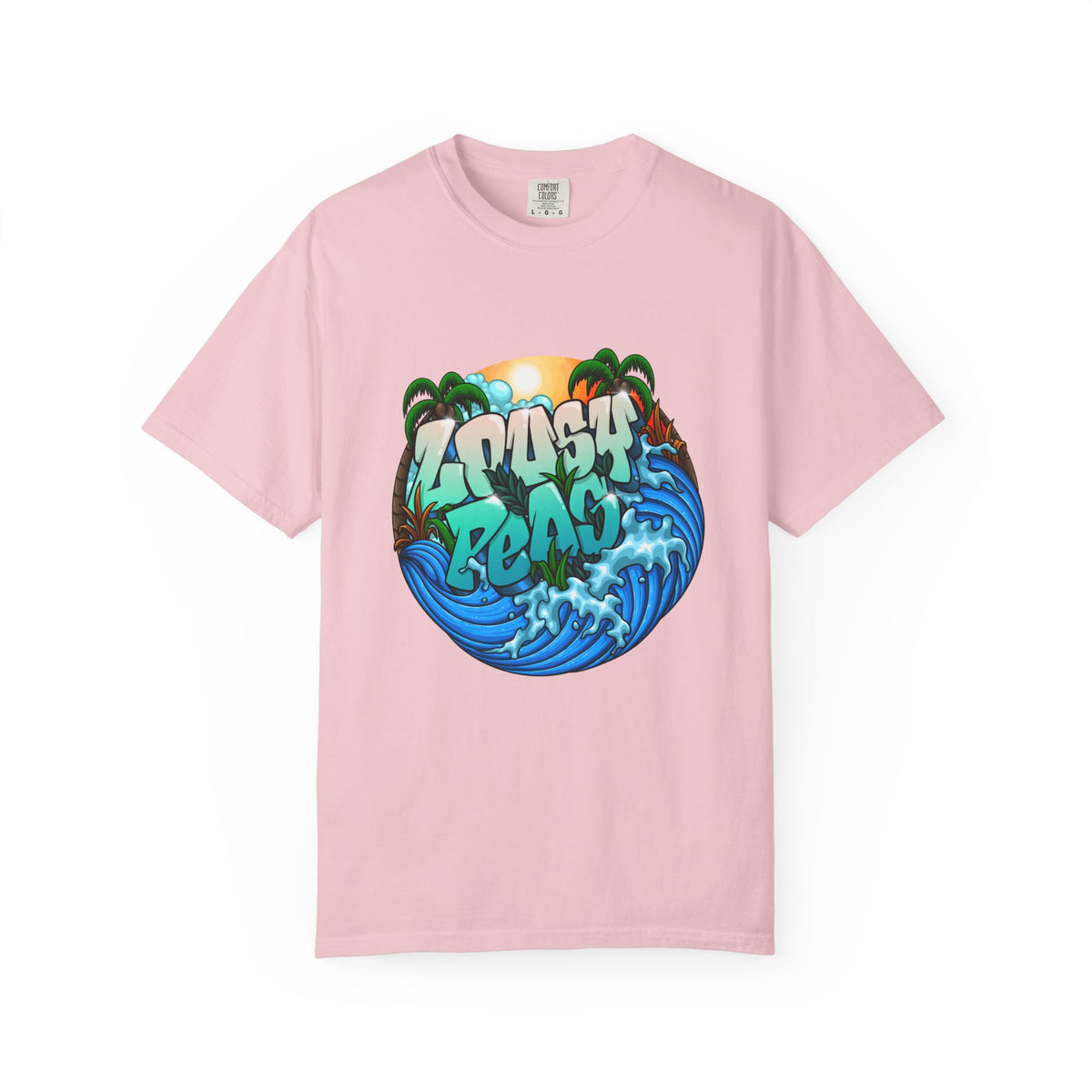 T-Shirt — 'Crash Beach' Surf Graphic Tee (Ocean Waves, Palm Trees, Sunset)