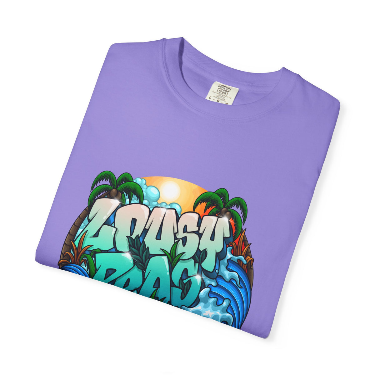T-Shirt — 'Crash Beach' Surf Graphic Tee (Ocean Waves, Palm Trees, Sunset)