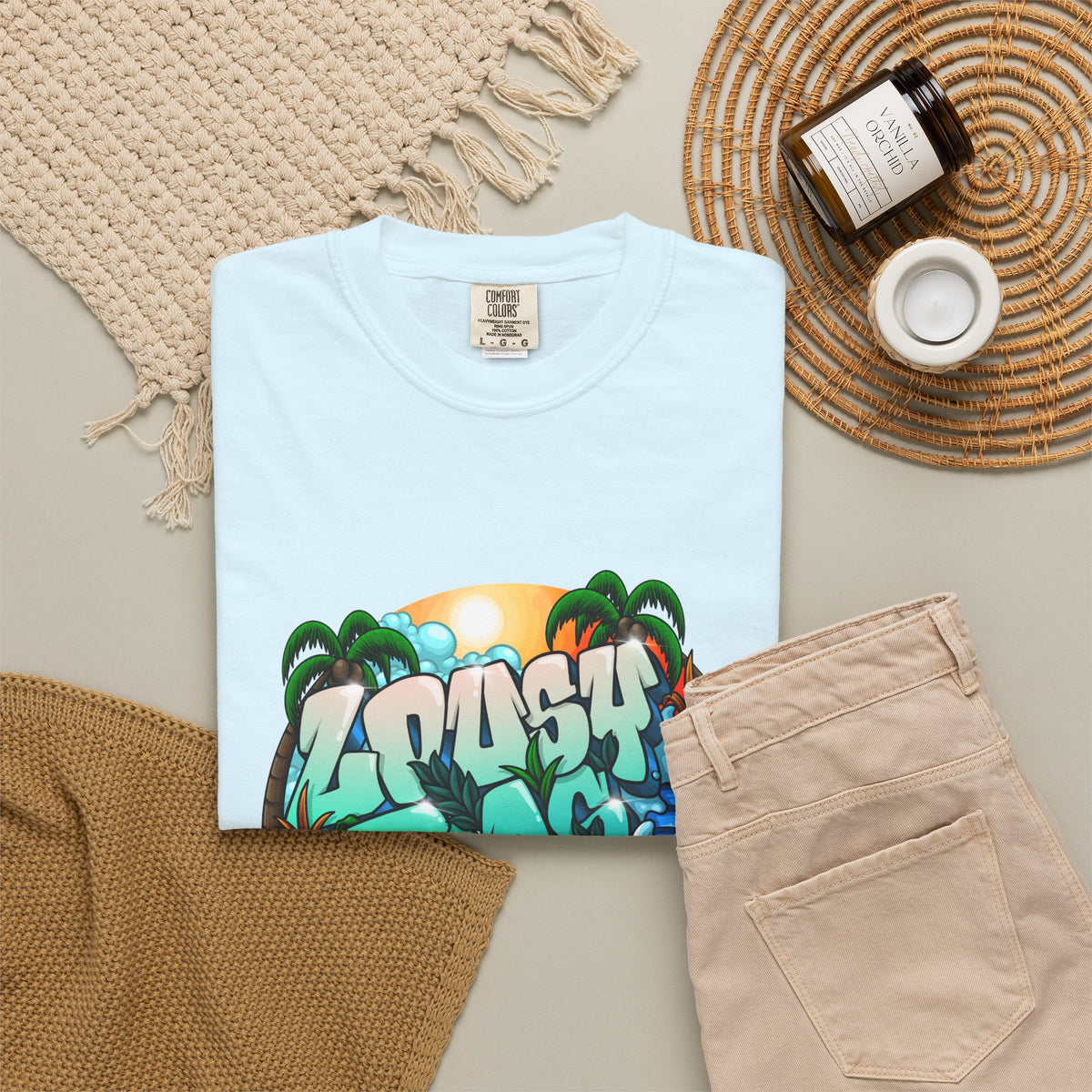 T-Shirt — 'Crash Beach' Surf Graphic Tee (Ocean Waves, Palm Trees, Sunset)
