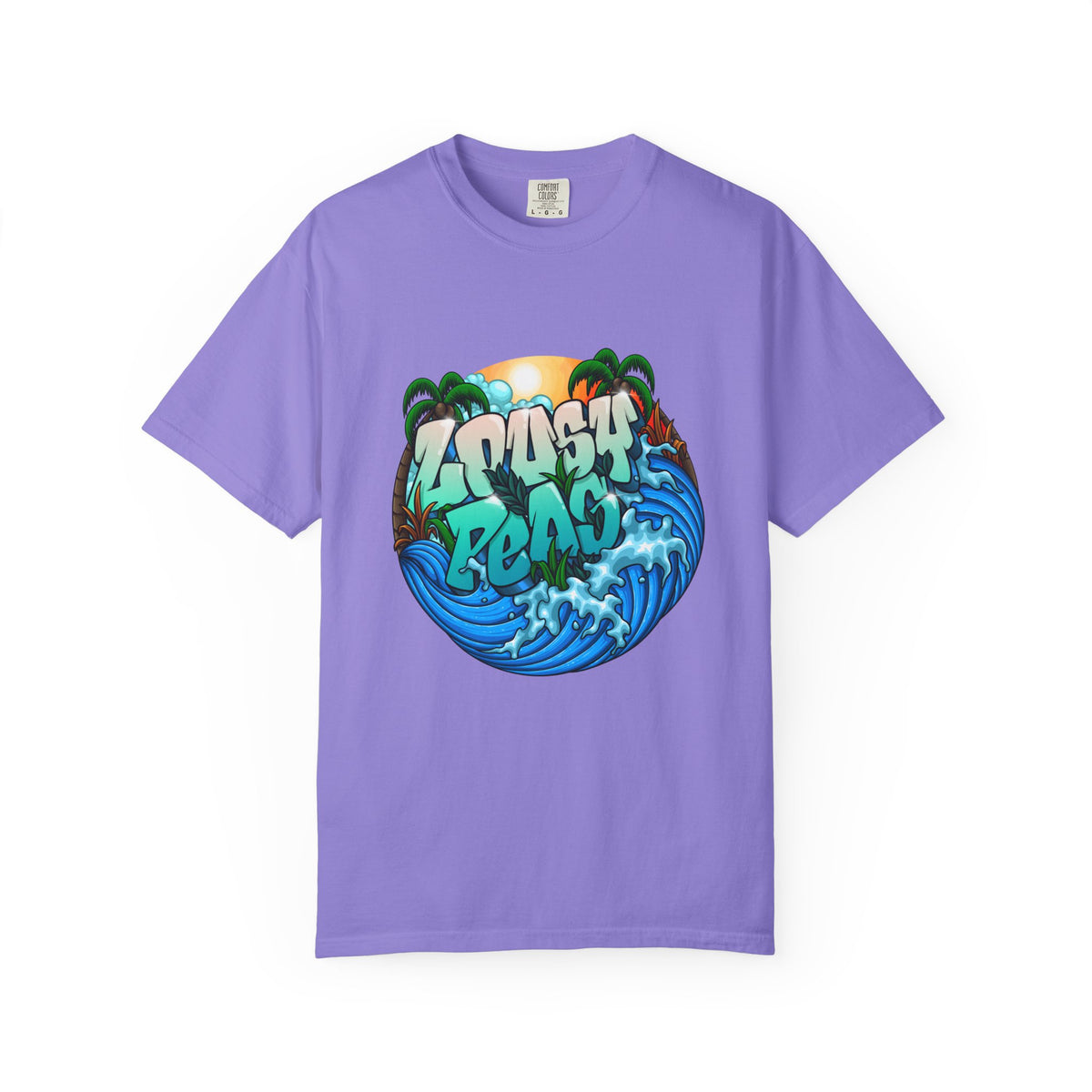 T-Shirt — 'Crash Beach' Surf Graphic Tee (Ocean Waves, Palm Trees, Sunset)