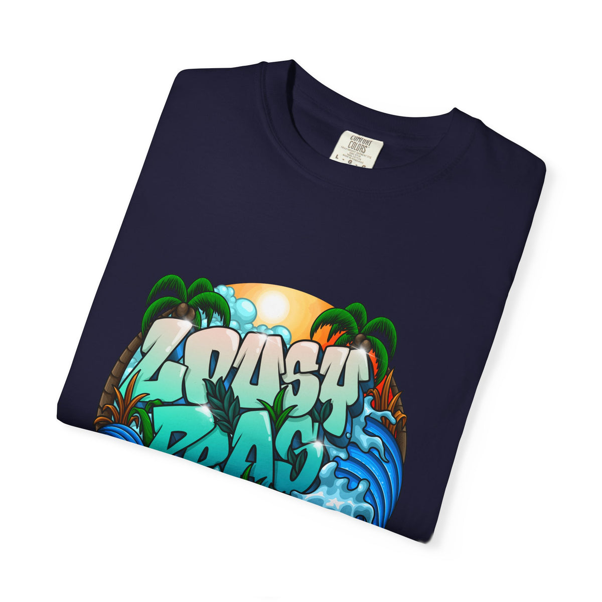 T-Shirt — 'Crash Beach' Surf Graphic Tee (Ocean Waves, Palm Trees, Sunset)