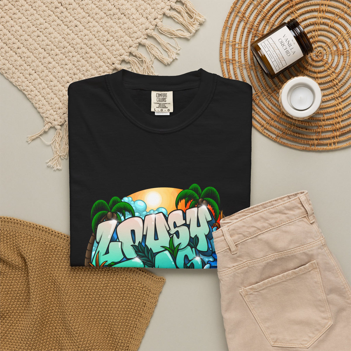 T-Shirt — 'Crash Beach' Surf Graphic Tee (Ocean Waves, Palm Trees, Sunset)
