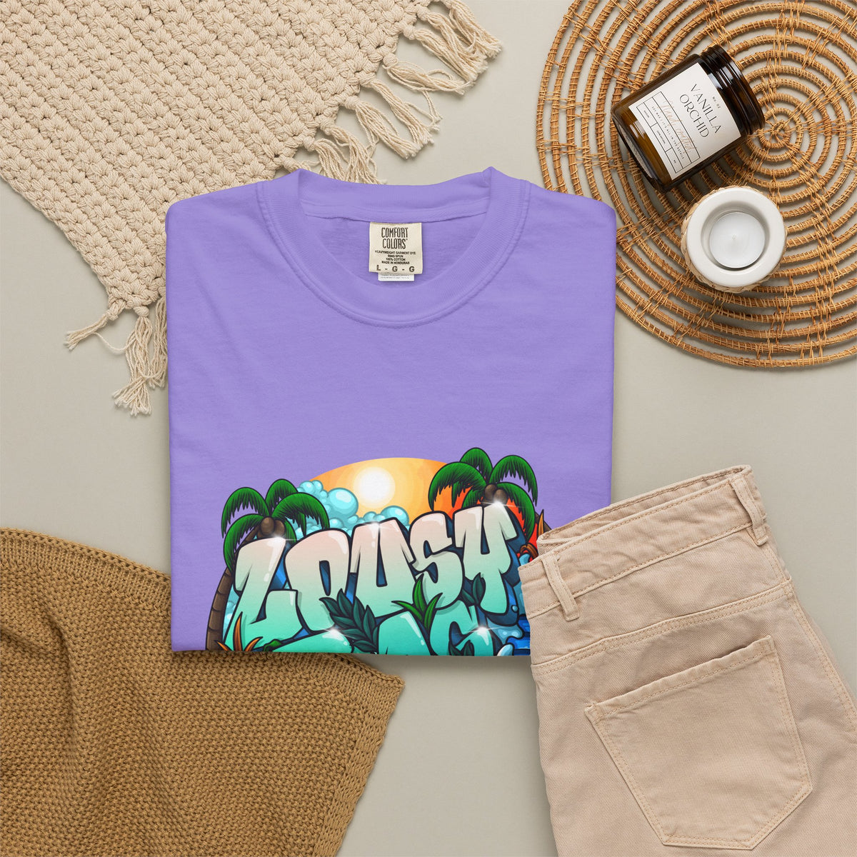 T-Shirt — 'Crash Beach' Surf Graphic Tee (Ocean Waves, Palm Trees, Sunset)