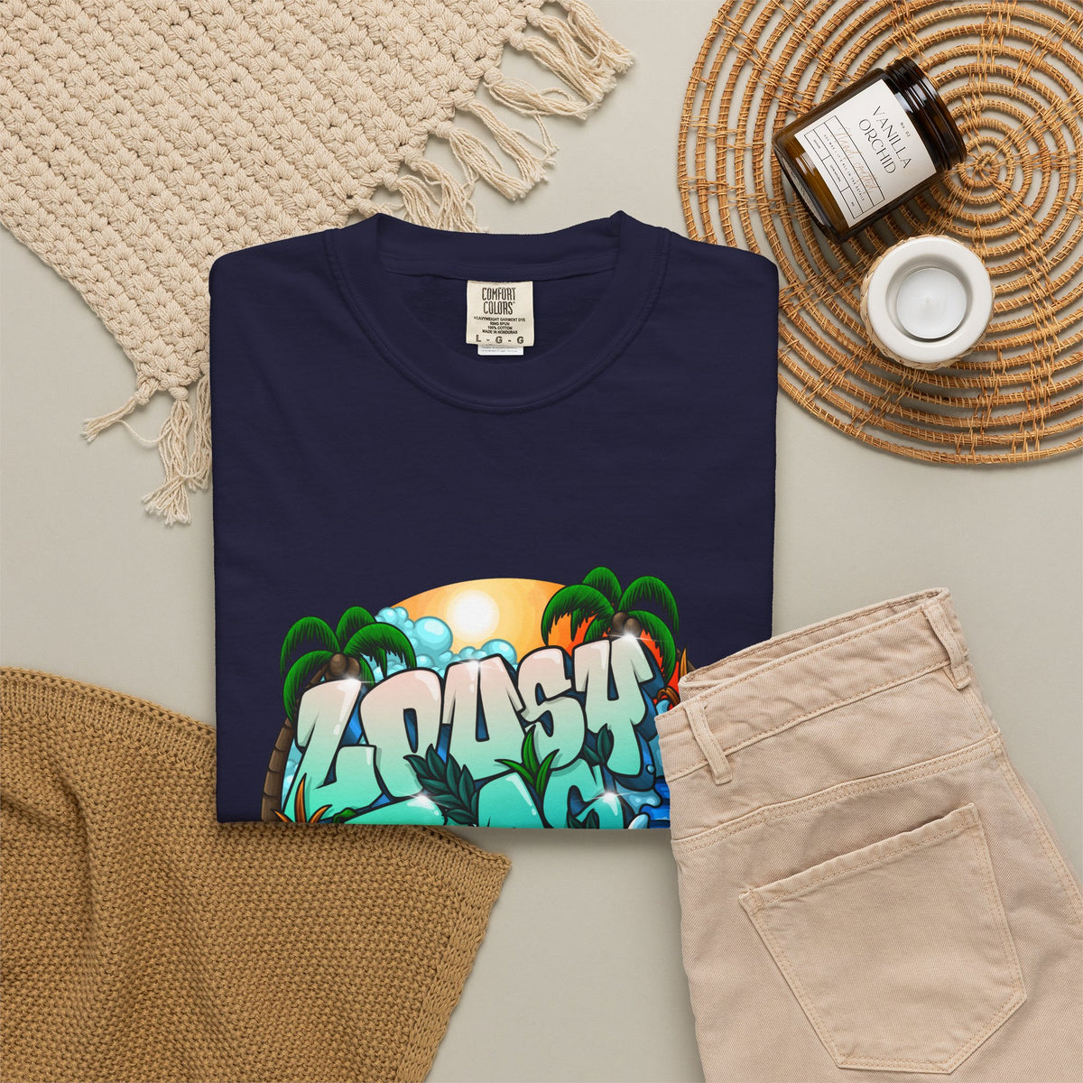 T-Shirt — 'Crash Beach' Surf Graphic Tee (Ocean Waves, Palm Trees, Sunset)