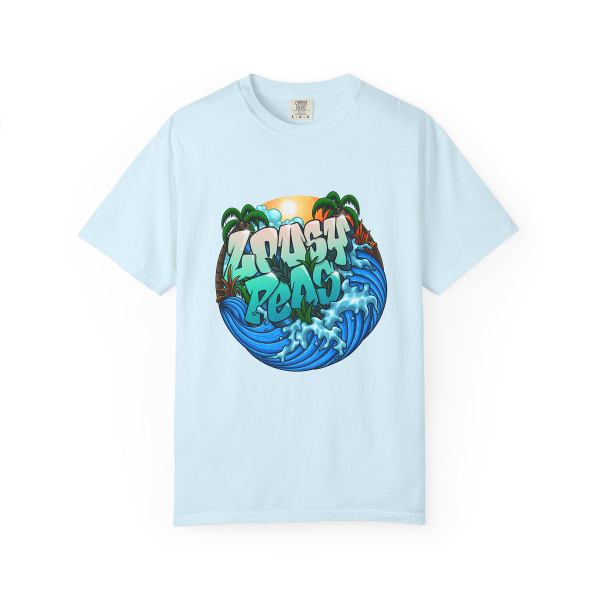 T-Shirt — 'Crash Beach' Surf Graphic Tee (Ocean Waves, Palm Trees, Sunset)